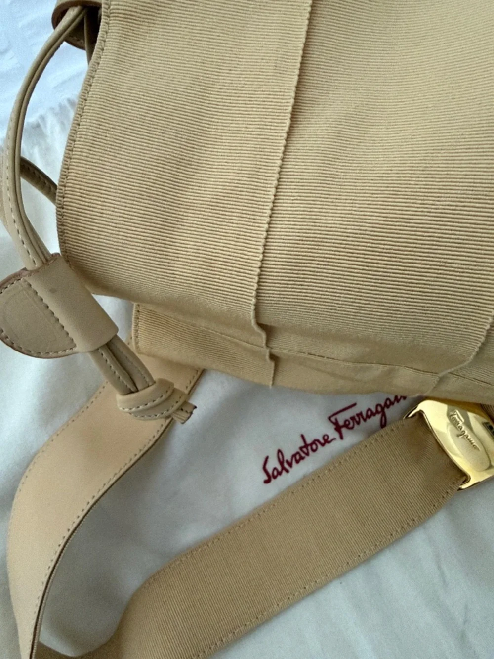 Salvatore Ferragamo Tan Canvas Shoulder Bag with Gold Buckle - Picture 6 of 6